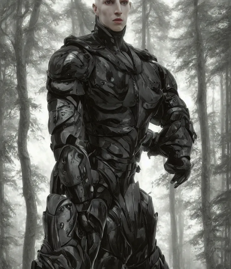 Image similar to portrait of a 1 5 foot tall, muscular, bald, smooth, extremely pale, androgynous humanoid with a perfectly symmetrical face, fully dressed in black body armour, in the background is a dense and foggy forest of trees, intricate detail, smooth, sharp focus, monochrome, high contrastl, art by artgerm and greg rutkowski,