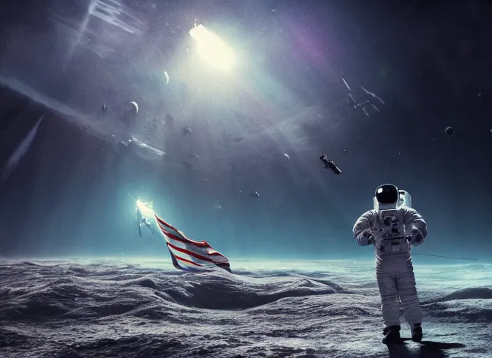 Image similar to astronaut holding a flag in an underwater desert. a submarine is visible in the distance. dark, concept art, cinematic, dramatic, atmospheric, 8 k, trending on artstation, blue, fish, low visibility, fog, ocean floor, christopher nolan, interstellar