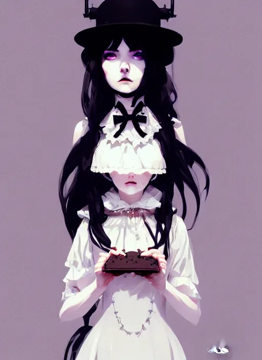 Image similar to highly detailed portrait of gothic lolita in a white dress, dark mood, by atey ghailan, by greg rutkowski, by greg tocchini, by james gilleard, by joe fenton, by kaethe butcher, gradient light blue, brown, blonde cream and white color scheme, grunge aesthetic