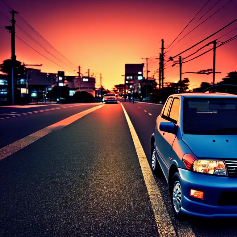 Image similar to close-up-photo TOYOTA XV20 middle of street, sunset kanagawa prefecture, night, cinematic color, photorealistic, highly detailed,