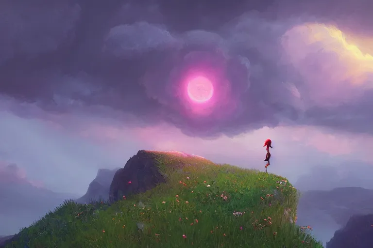 Image similar to giant flower over head, girl standing on cliff, surreal photography, sunset, stars, dramatic light, impressionist painting, storm clouds, digital painting, artstation, simon stalenhag