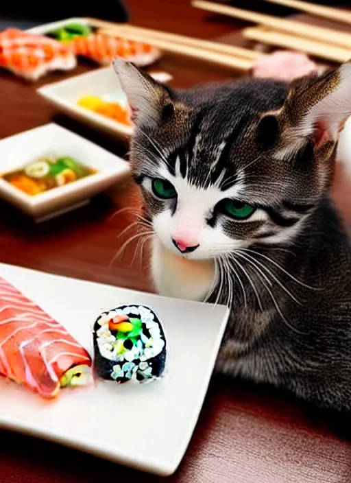 Image similar to clear photorealistic picture of adorable cats eating sushi