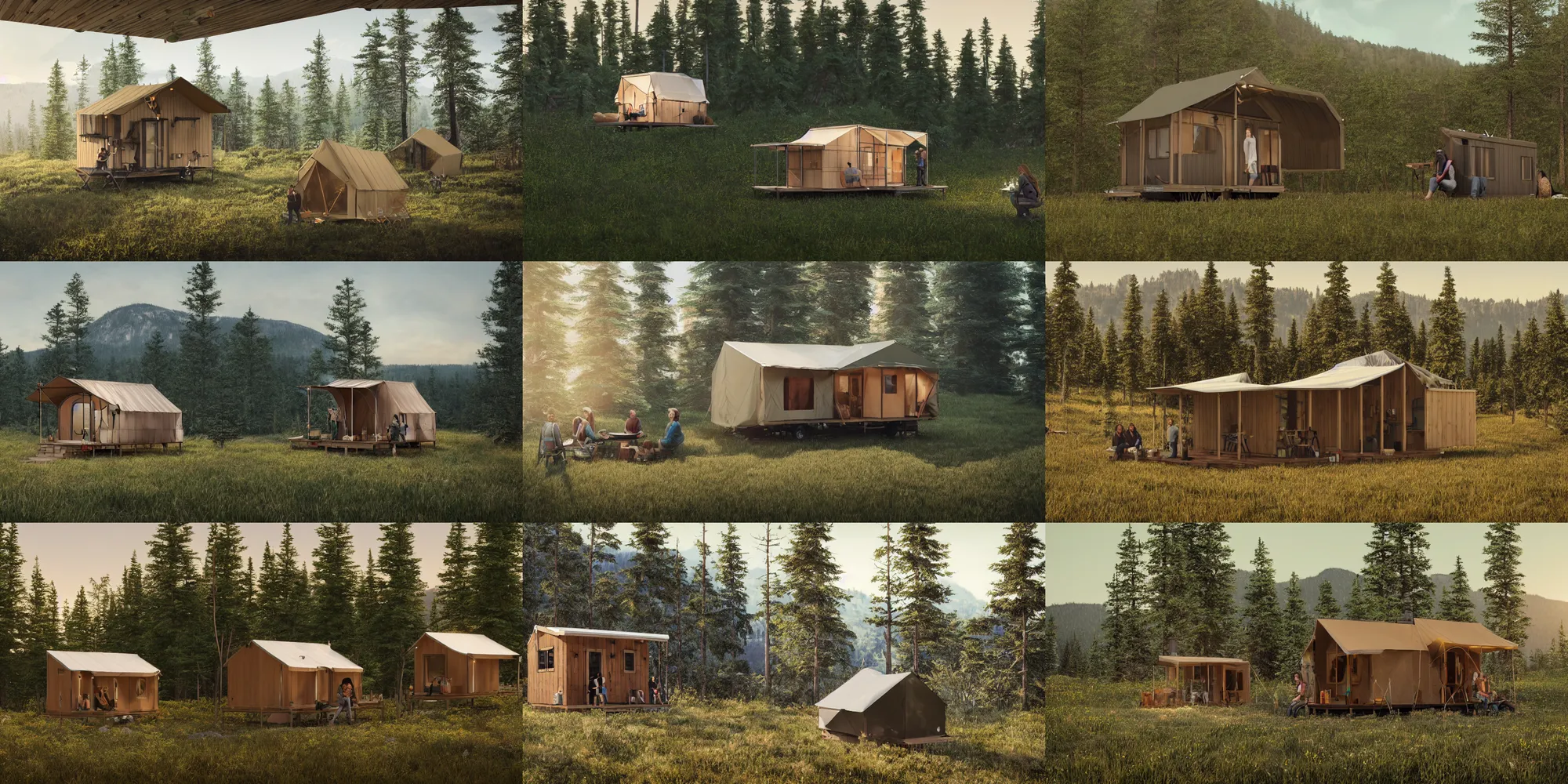 Prompt: cabela's outdoors popup micro - compact modular home, quick assembly, utilitarian, glamping, airbnb, temporary emergency shelter, person in foreground, cliffside mountainous forested wilderness open fields, beautiful views, photorealistic painterly advertising concept art, sharp focus, joanna gaines, farmhouse, magnolia, architectural photography, unreal engine 5, octane render