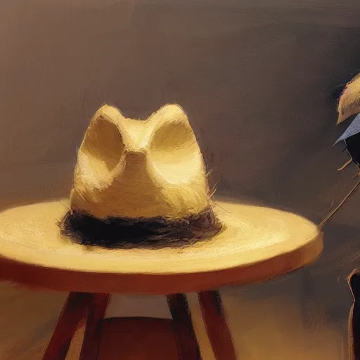 Prompt: just a hay hat in a wooden table. by Craig mullins, Steve Purcell, Ralph McQuarrie. Trending on artstation. Centered image