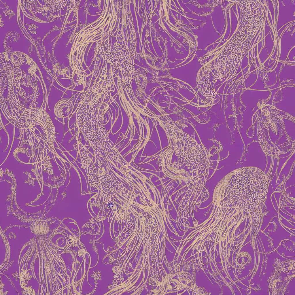 Image similar to purple dress design in the style of rococo ,Victorian era，jellyfish and Goldenlace element,dreamy, soft ,Backlight ,luminescence,Aetherpunk,highly detailed,8k