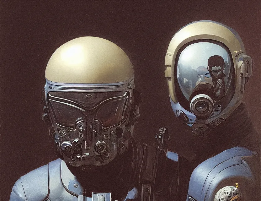 Image similar to a detailed portrait painting of a lone bounty hunter a flight suit and a reflective visor. Lasers coming from the eyes. Head and chest only. Movie scene, cinematic sci-fi scene. Flight suit. Futurism by beksinski carl spitzweg moebius and tuomas korpi. baroque elements. baroque element. intricate artwork by caravaggio. Oil painting. Trending on artstation. 8k