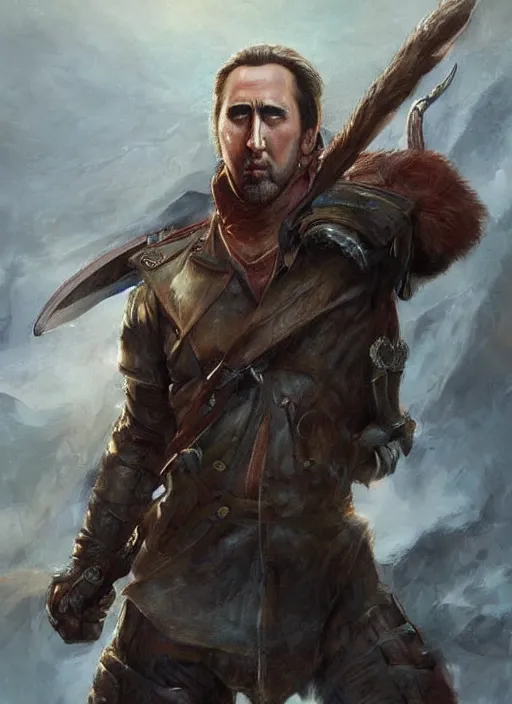 Image similar to highly realistic nicholas cage as a ranger painted by raymond swanland