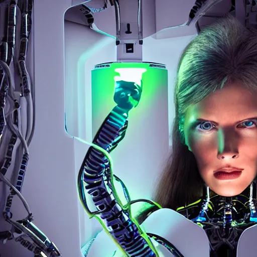 Image similar to the torso of fully a mechanical terminator lady with borg implants, human face and robotic snakes coming out of her head is hanging from cables and wires off the ceiling of an futuristic computer lab and plugged into a quantum computer. Her bottom half is missing with cables hanging out. She is taking a sip from a cup of coffee. Tiny green led lights in her cybernetics. very detailed 8k. Cyberpunk horror style.