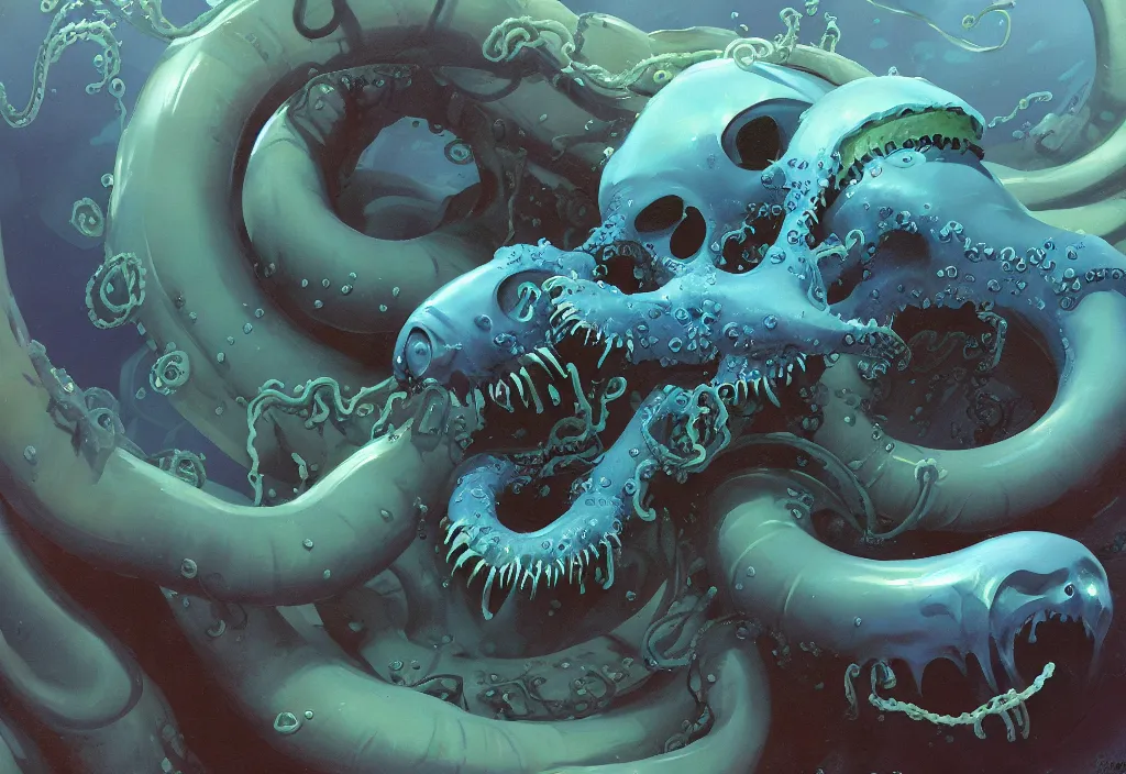 Image similar to Underwater Tentacle Pandomonium;Art by Greg Manchess, Art Direction by Jeremy Jarvis; painting spiraling inward; Deep sea horror; gallery painting; teeth and eyes; illustration