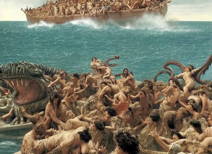 Image similar to godzilla attacking the raft of the medusa, painting by lawrance alma - tadema, 4 k, hyper - realistic, highly detailed