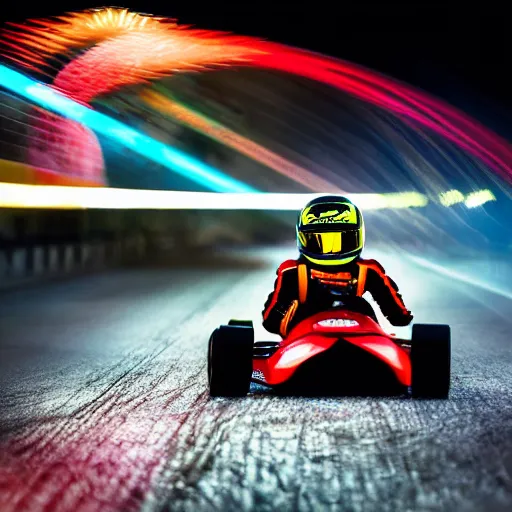 Image similar to go - kart racer taking a corner at speed on a race track, motion blur, laser, smoke, debris, fast movement, artistic angle, light streaks, dark mood, night time