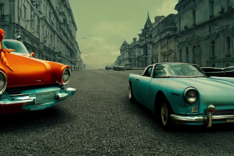 Image similar to hyperrealism aesthetic photography of detailed bird car in surreal scene from detailed art house movie in style of denis villeneuve and wes anderson