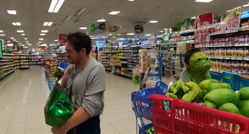 Image similar to a mix between Hulk and Yoda and Dobby and gollum buying groceries in a seven eleven, center frame medium shot, shot on technicolor cinemascope 35mm anamorphic lense, flare