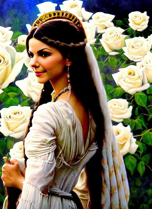 Prompt: film still from an Italian historical Western film of a Victoria Justice as the goddess of white roses . ultra detailed painting at 16K resolution and amazingly epic visuals. epically beautiful image. amazing effect, image looks gorgeously crisp as far as it's visual fidelity goes, absolutely outstanding. vivid clarity. ultra. iridescent. mind-breaking. mega-beautiful pencil shadowing. beautiful face. Ultra High Definition. godly shading. amazingly crisp sharpness. photorealistic film cel processed twice..