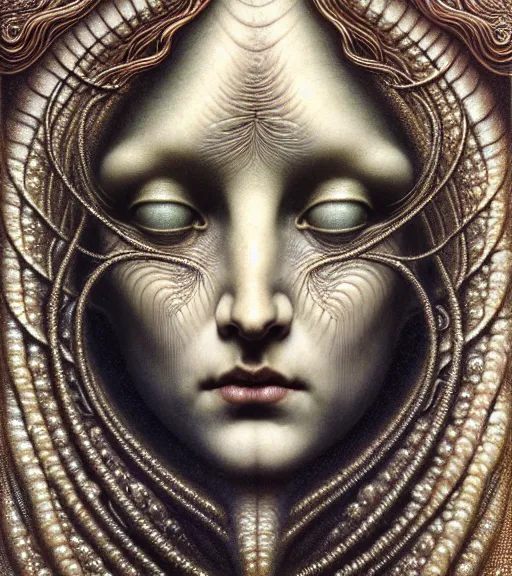 Image similar to detailed realistic beautiful pearlescent goddess face portrait by jean delville, gustave dore, iris van herpen and marco mazzoni, art forms of nature by ernst haeckel, art nouveau, symbolist, visionary, gothic, neo - gothic, pre - raphaelite, fractal lace, intricate alien botanicals, biodiversity, surreality, hyperdetailed ultrasharp octane render