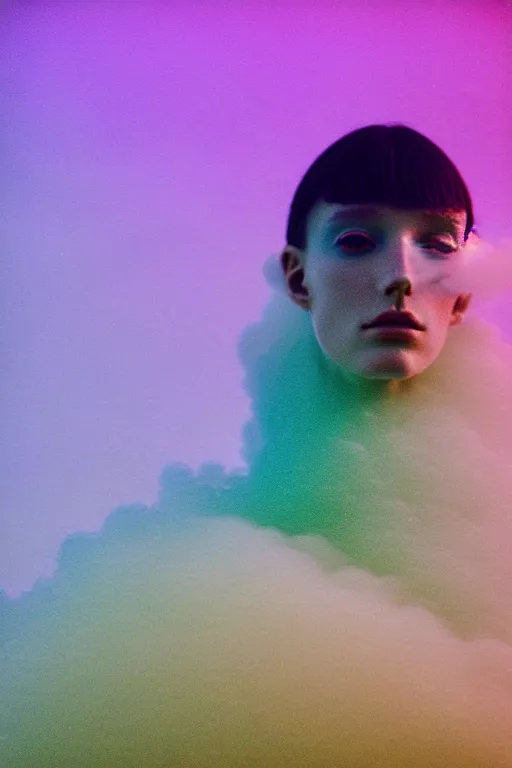 Image similar to high quality pastel coloured film close up wide angle photograph of a model wearing clothing swimming on cloud furniture in a icelandic black rock!! environment in a partially haze filled dreamstate world. three point light, rainbow. photographic production. art directed. pastel colours. volumetric clouds. pastel gradient overlay. waves glitch artefacts. extreme facial clarity. 8 k. filmic.