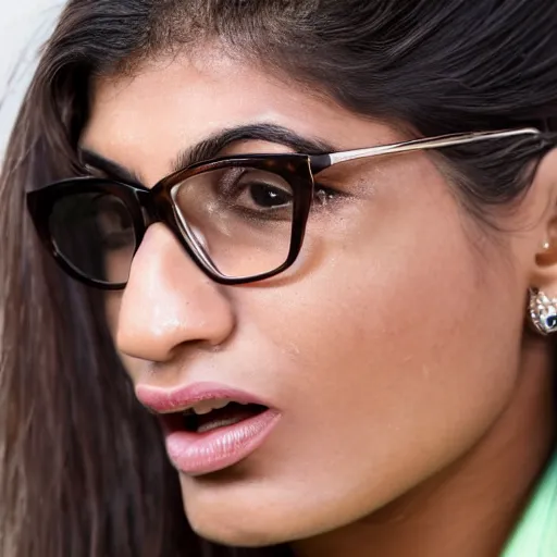 Image similar to a photo of mia khalifa being surprised, 50mm close up photography