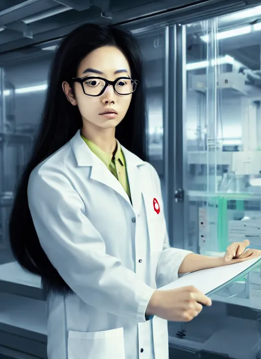 Prompt: beautiful asian girl, wearing lab coat and glasses, holding a clipboard, standing inside a research facility, character portrait, 1 9 6 0 s, long hair, intricate, elegant, highly detailed, digital painting, artstation, concept art, smooth, sharp focus, illustration, art by wlop, mars ravelo and greg rutkowski