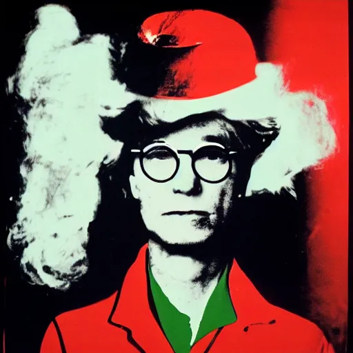Prompt: a burning chemist in a white coat, andy warhol