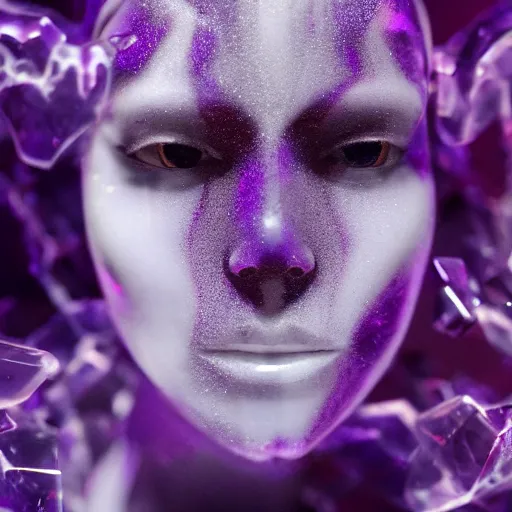 Prompt: abstract female face sculpture melting in white marble and amethyst crystals quartz, ethereal lights, fine details, film still, cinematic photoshooting, luxury, strong wind, dark mood, sad, liquid acrylic painting, optical cables, cold colors, golden filigree, lens flares, octane render