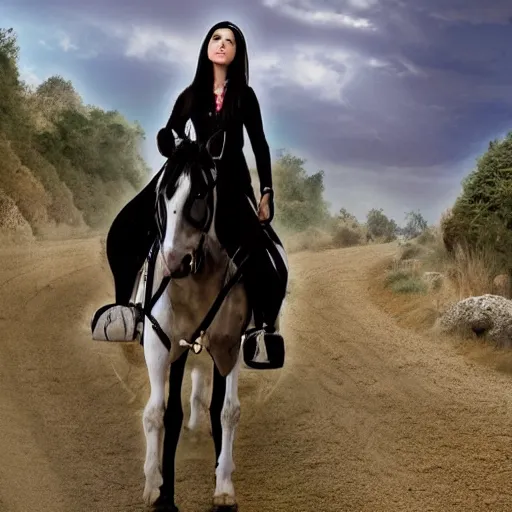 Image similar to The black-haired young witch travels on her horse to the land of dreams