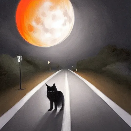 Prompt: an hyper detailed black cat with orange eyes walking through the road during the night under the light of the streetlights and looking at the moon. Realistic. High detail. Hyper realistic artwork By Diego Fazio