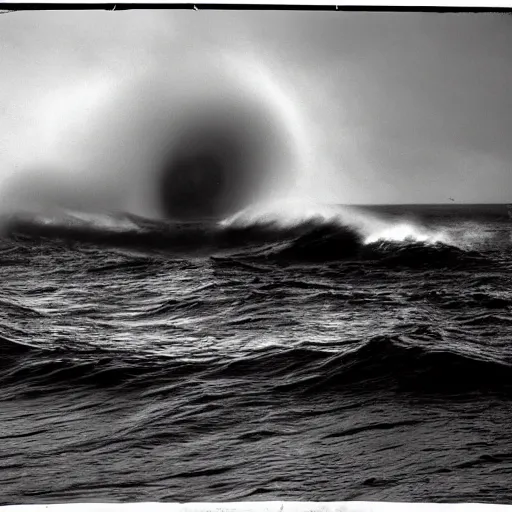 Image similar to black and white photo of an impossible eldritch horror emerging from the ocean.