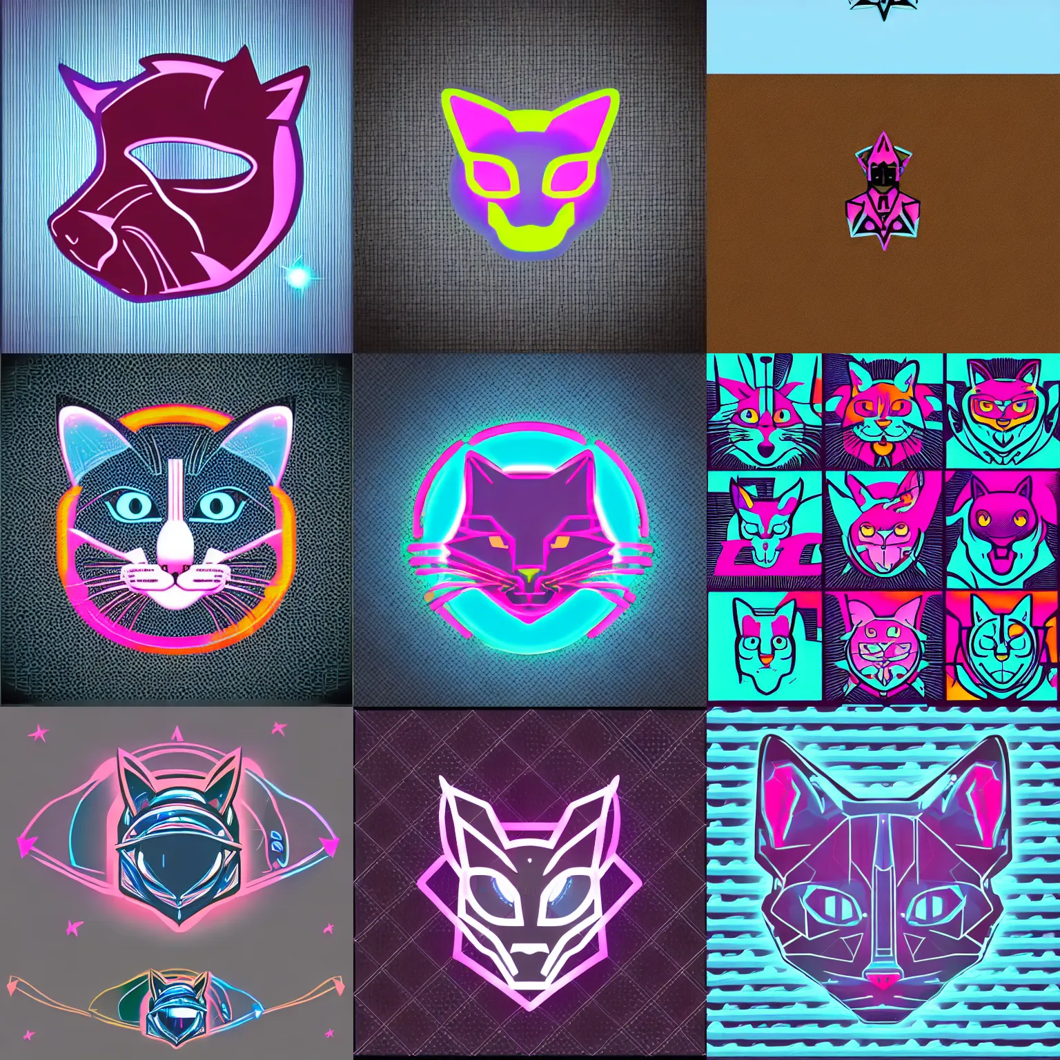 Prompt: a simple shape vector logo of a cyberpunk cat. no textures, ( cyan, pink, blue, purple, orange), nebula .