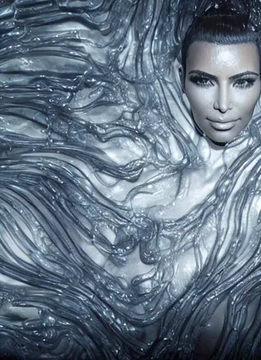 Image similar to epic still of kim kardashian trapped in a transparent alien liquid, wet flowing hair, gooey skin, illustration, unreal engine 5, 8 k, made by h. r. giger.