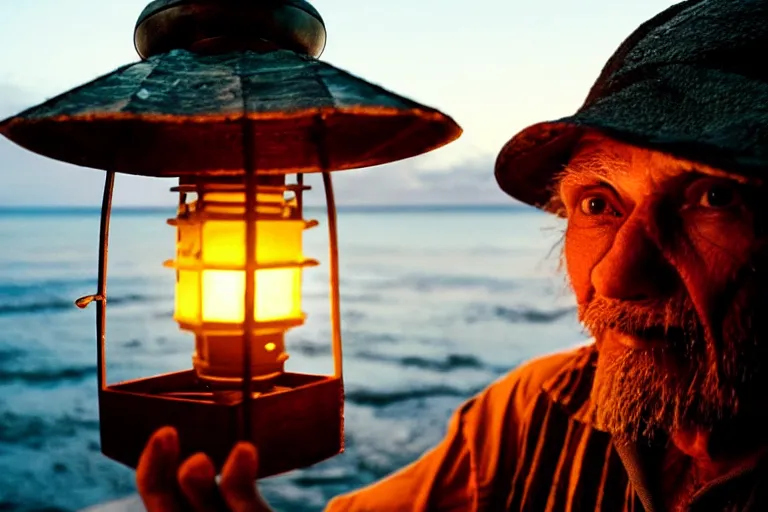 Image similar to film still of closeup old man holding up lantern by his beach hut at night. pirate ship in the ocean by emmanuel lubezki