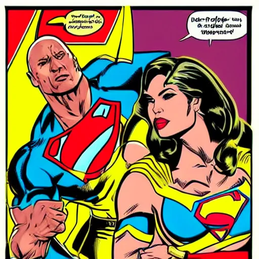 Prompt: lana rhodes as superwoman, fighting dwayne johnson's black adam, pop art