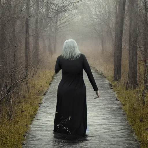 Prompt: tall slender woman with long grey hair in a black dress walking out of a swamp, by graham ingels,