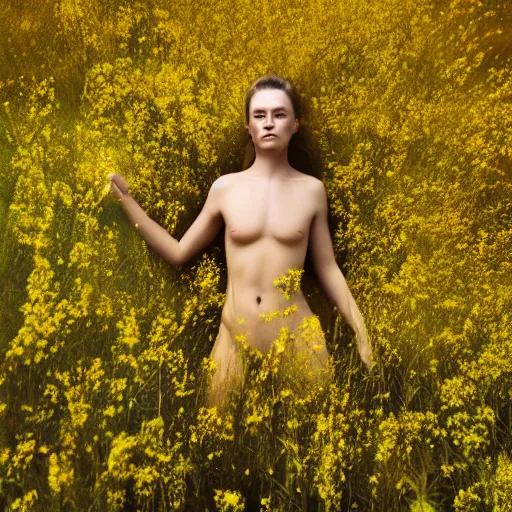 Prompt: hyper realistic photo human body made of golden wild flowers