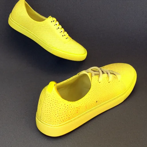 Prompt: yellow sneaker shoe full of holes that is made from Swiss cheese