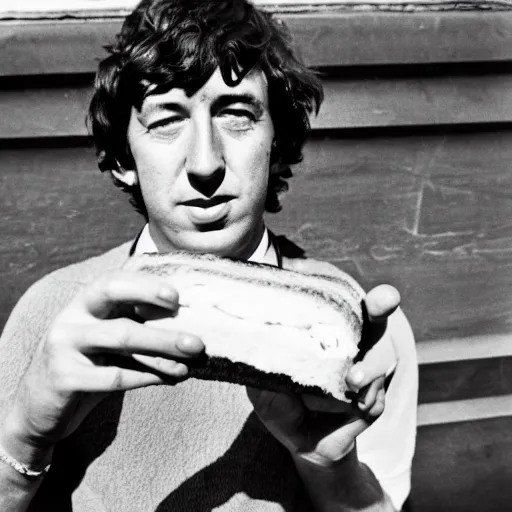 Image similar to bert jansch delightedly holding a sandwich up to the camera, photograph, 1 9 6 9