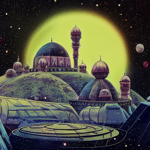 Prompt: ottoman sultanate space base, minarets, in space with stars glittering in the background, pulp science fiction illustration