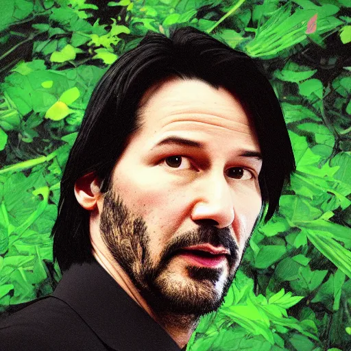 Image similar to a portrait of keanu reaves face as green leaves