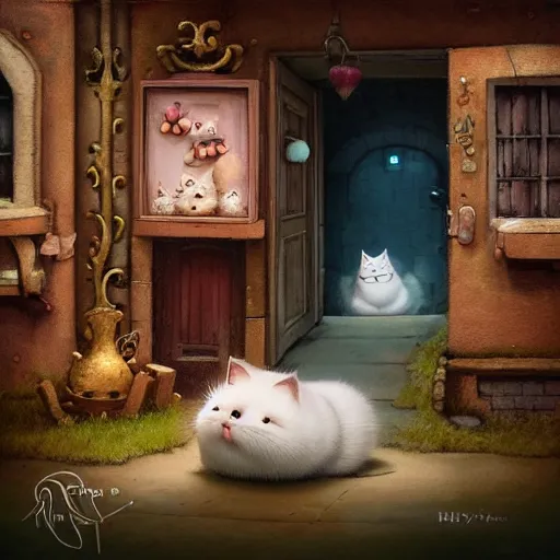 Prompt: very beautiful portrait of a extremely cute and adorable extremally fluffy fat cat, lost in an alleyway, fantasy, character design by mark ryden and pixar and hayao miyazaki, sharp focus, concept art, vibrancy, intricate detail, cinematic lighting, hyperrealistic, 3 5 mm, diorama macro photography n - 4