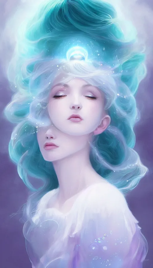 Prompt: portrait of magical ghost girl, ethereal , cloudy, transparaît, gradient white cyan, dreamy and ethereal, (colour) eyes, peaceful expression, ornate frilly dress, fantasy, intricate, elegant, rainbow bubbles, highly detailed, digital painting, artstation, concept art, smooth, sharp focus, illustration, art by artgerm and greg rutkowski and alphonse mucha