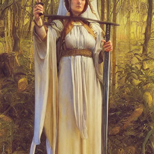 Image similar to priestess holding a sword, by donato giancola and berthold woltze.