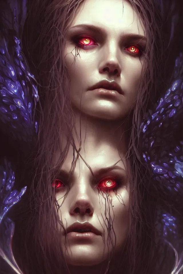 Image similar to Necromancer Sorceress face close-up macro in center, fantasy magic, undercut hairstyle, dark light night, intricate, elegant, sharp focus, illustration, highly detailed, digital painting, concept art, matte, art by WLOP and Artgerm and Greg Rutkowski and Alphonse Mucha, masterpiece