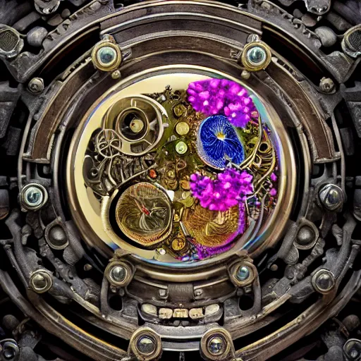 Prompt: a beautiful intricate fine art portrait photo of a mechanical industrial steampunk cybernetic yin yang symbol, overgrown with colorful flowers and leaves by zach sutton, golden ratio composition, studio lighting, 50mm lens, very detailed, bionic, cybernetic scifi, deep depth of field, artstation, 8K, highly coherent