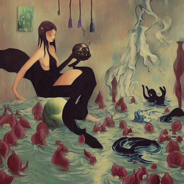 Image similar to tall female catgirl artist holding a skull in her flooded apartment, pomegranates, octopus, water gushing from ceiling, painting of flood waters inside an artist's apartment, a river flooding indoors, candles, ikebana, zen, rapids, waterfall, black swans, canoe, berries, acrylic on canvas, surrealist, by magritte and monet