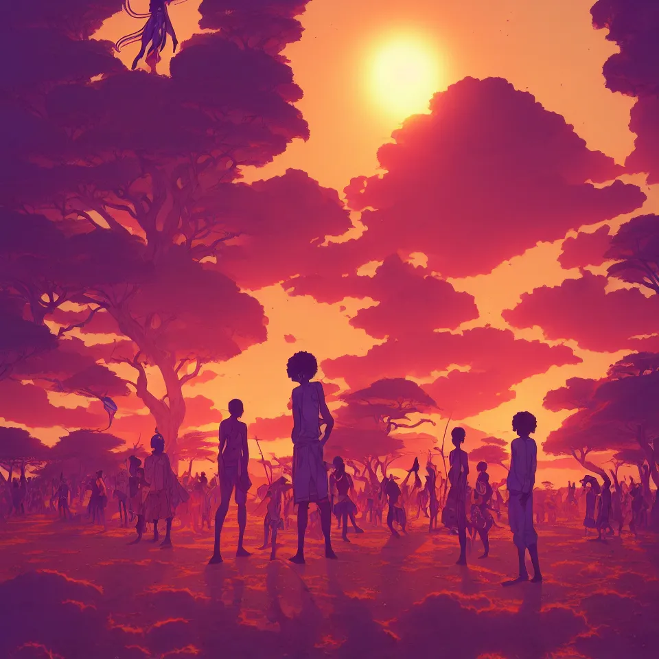 Image similar to a comic book style illustration of an african festival by moebius and makoto shinkai and rossdraws, ornate, lights, cosmic, featured on artstation, pixiv, volumetric lighting, 8 k, highly detailed render, octane render, unreal engine, soft glow, crisp lines, f 1 1, sharp focus,