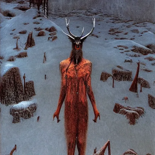 Image similar to wendigo prowling in the ancient snow mountain, beksinski