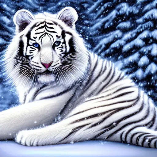 Image similar to beautiful fluffy magestic white tiger sitting in snowy winter landscape detailed painting 4 k