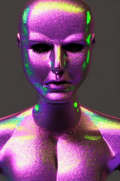 Image similar to 3d render of holographic angry human robotic screaming angry bust made of glossy iridescent, screaming, bust, surrealistic 3d illustration of a human non-binary, non binary model, 3d model human, cryengine, made of holographic texture, holographic material, holographic rainbow, concept of cyborg and artificial intelligence