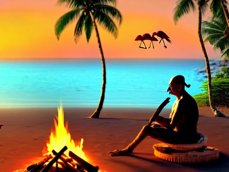 Prompt: gandhi sitting on a beach next to a campfire, holding a cigar, sunset, parrots, flamingos, coconuts, palm trees, highly detailed, digital art, hyper realistic, beautiful, 8 k, trending on deviantart, hyper detailed, glorious lighting, epic environment,