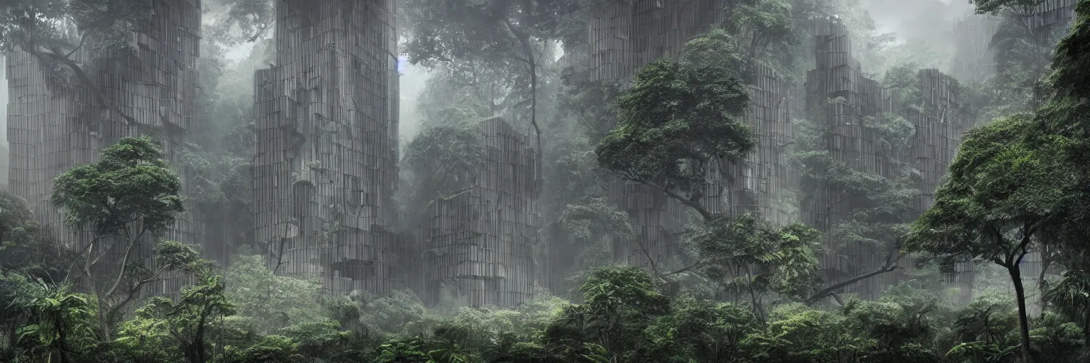 Prompt: brutalist architecture inspired by louis kahn deep in the rainforest. nature is taking over. matte painting in the style of eddie mendoza. mist. cinematic.