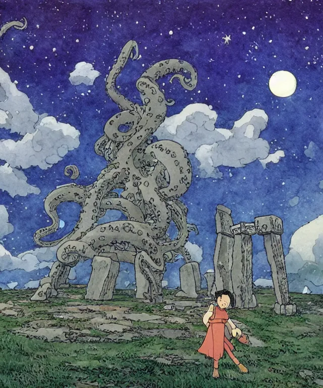 Image similar to a hyperrealist studio ghibli watercolor fantasy concept art. in the foreground is a giant grey octopus liting and putting stones in to place on top of stonehenge with a starry sky. by rebecca guay, michael kaluta, charles vess